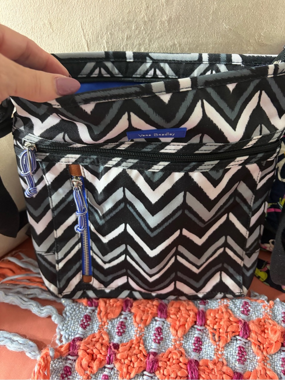 Vera Bradley Black and White Chevron Crossbody with Blue Accents